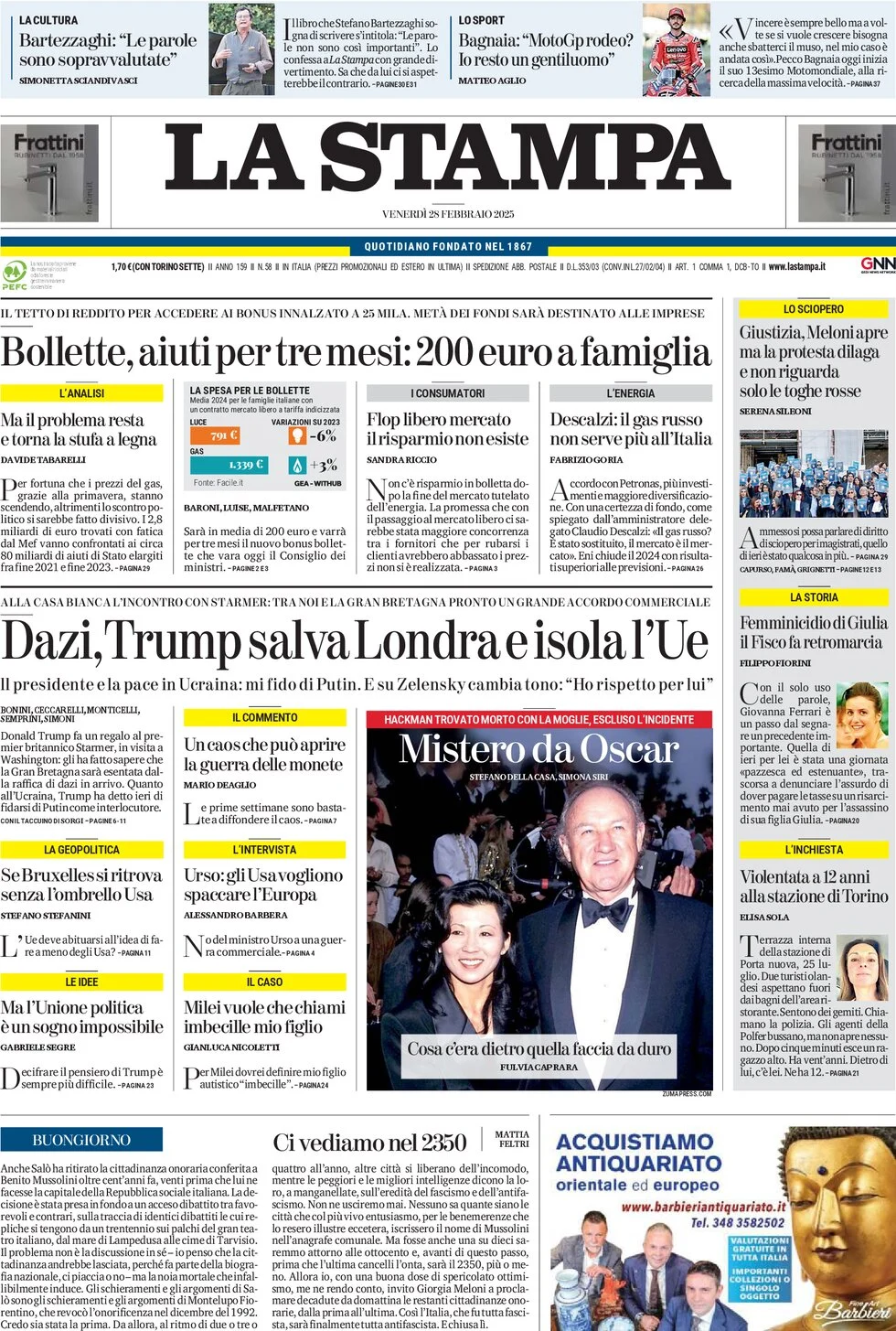 anteprima della prima pagina di la-stampa del 28/02/2025