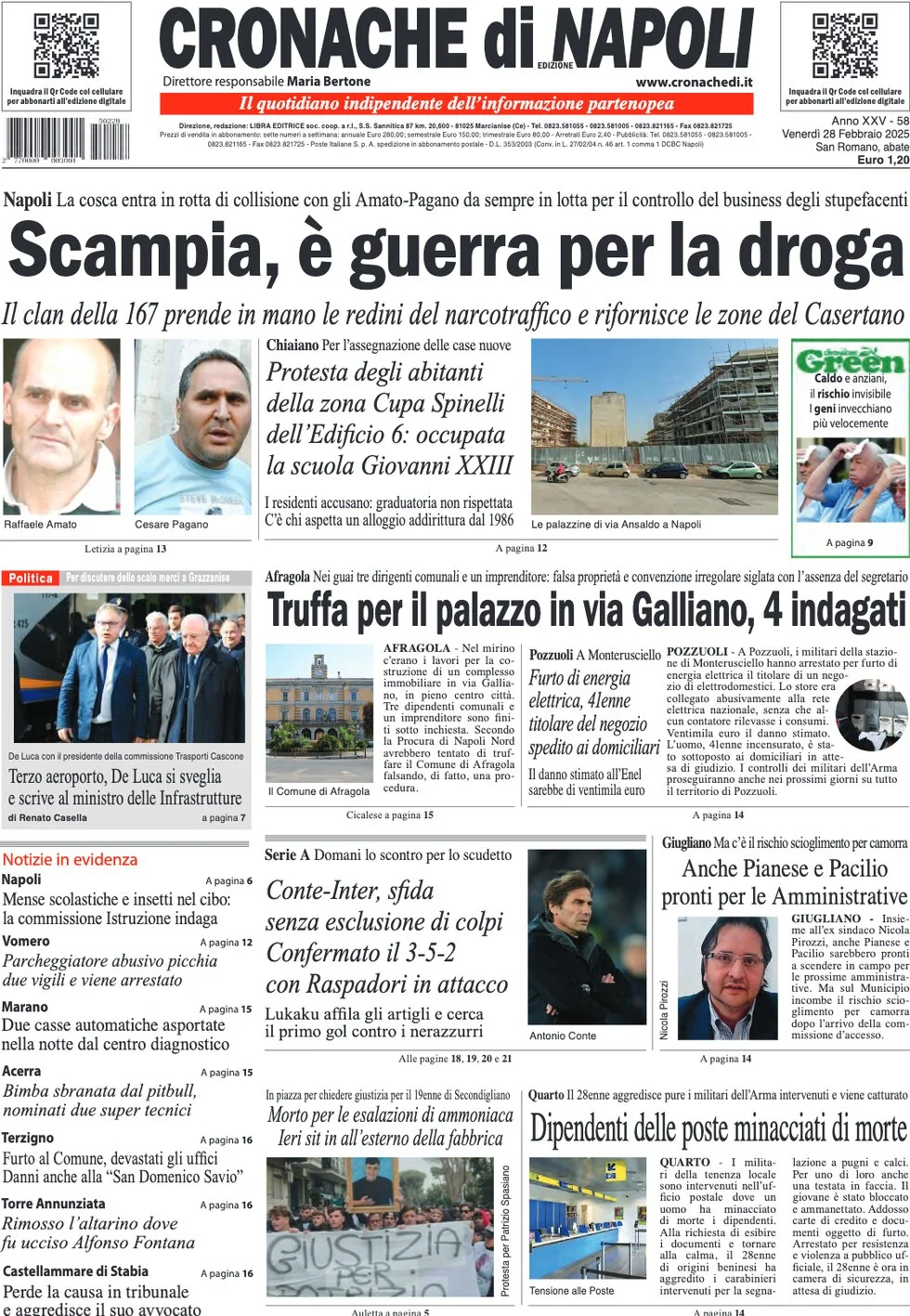 anteprima della prima pagina di cronache-di-napoli del 28/02/2025