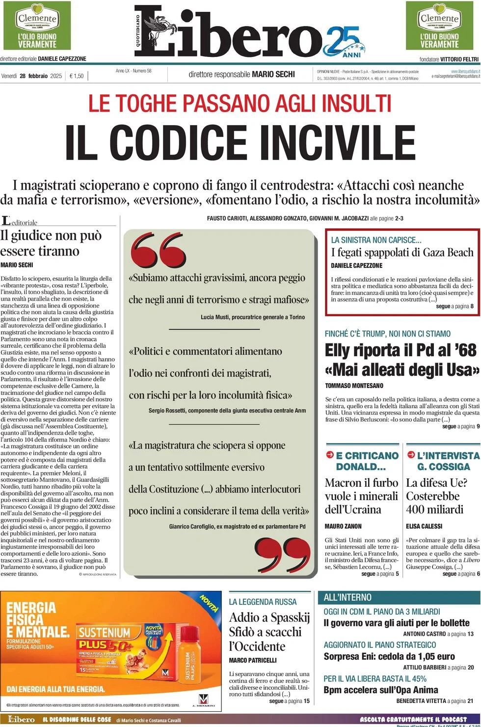 anteprima della prima pagina di libero-quotidiano del 28/02/2025