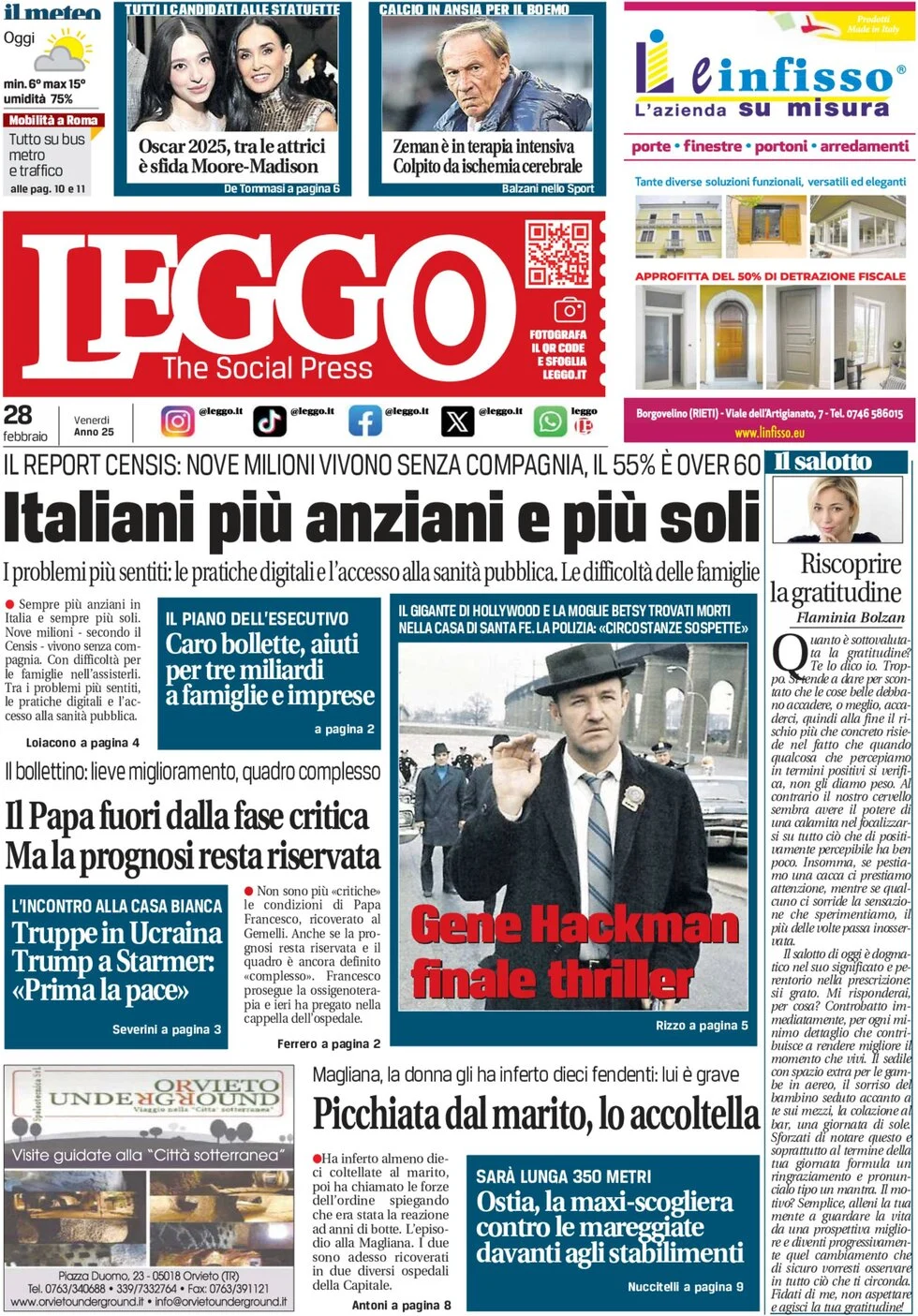 anteprima della prima pagina di leggo-roma del 28/02/2025