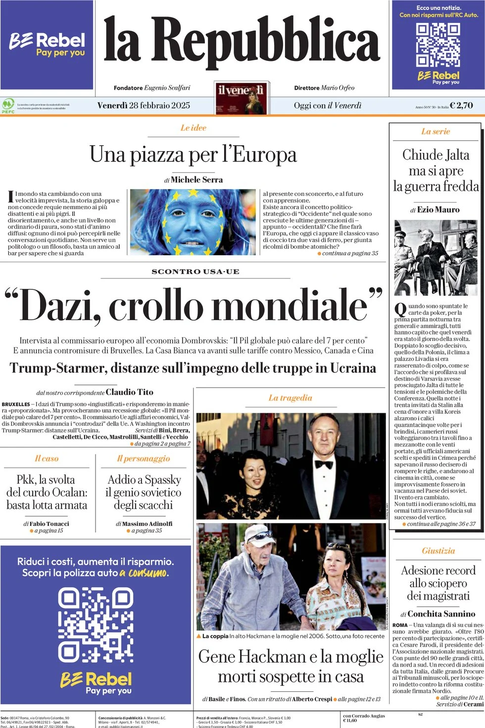 anteprima della prima pagina di la-repubblica del 28/02/2025