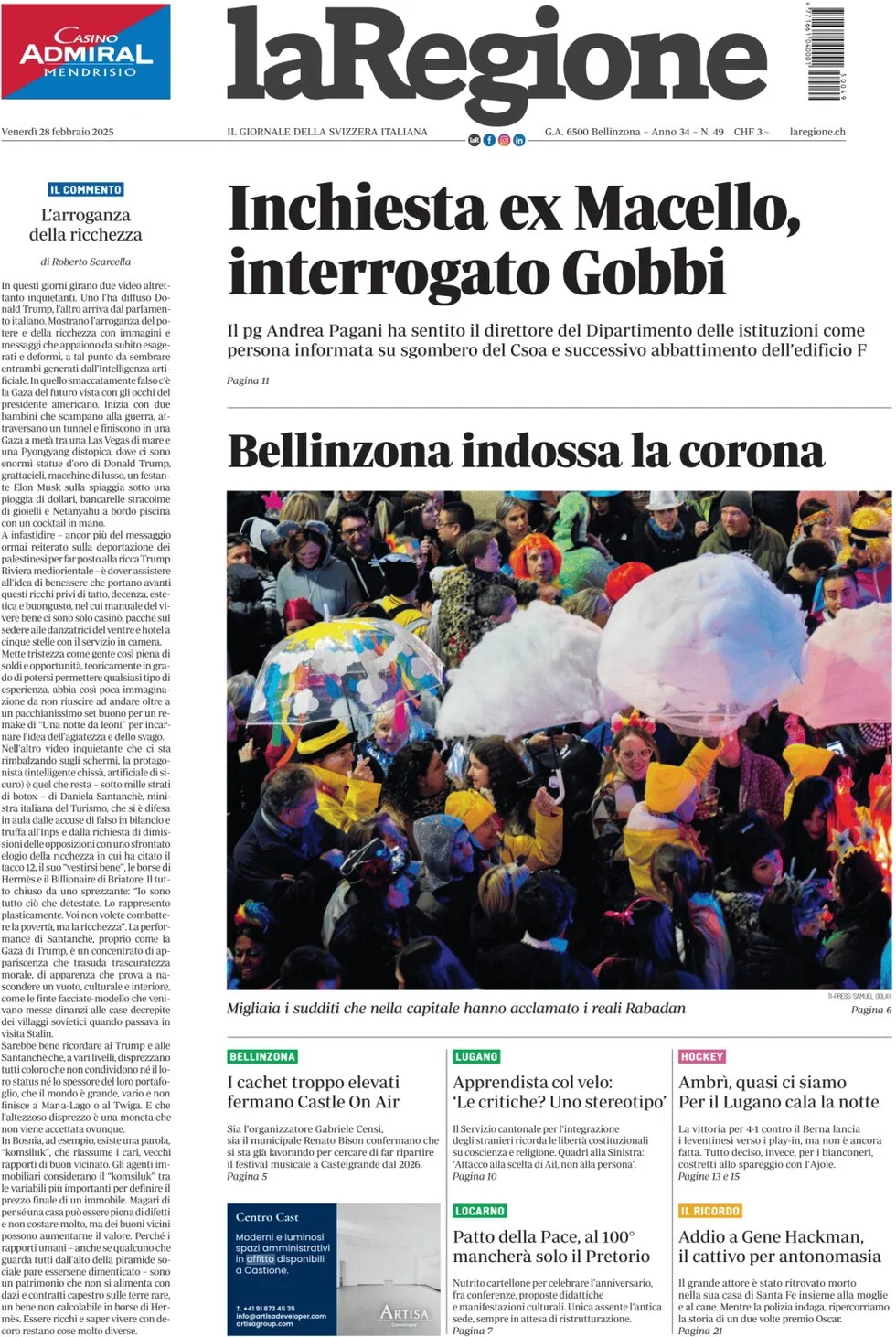 anteprima della prima pagina di la-regione del 28/02/2025
