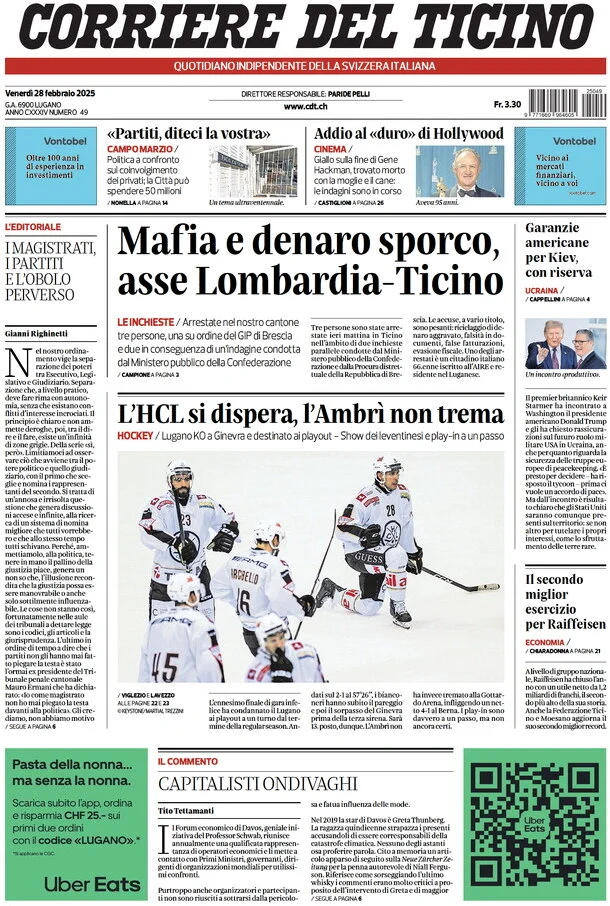 anteprima della prima pagina di corriere-del-ticino del 28/02/2025