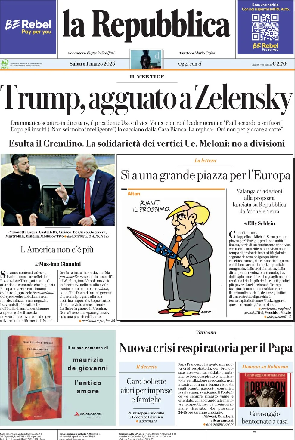 anteprima della prima pagina di la-repubblica del 01/03/2025