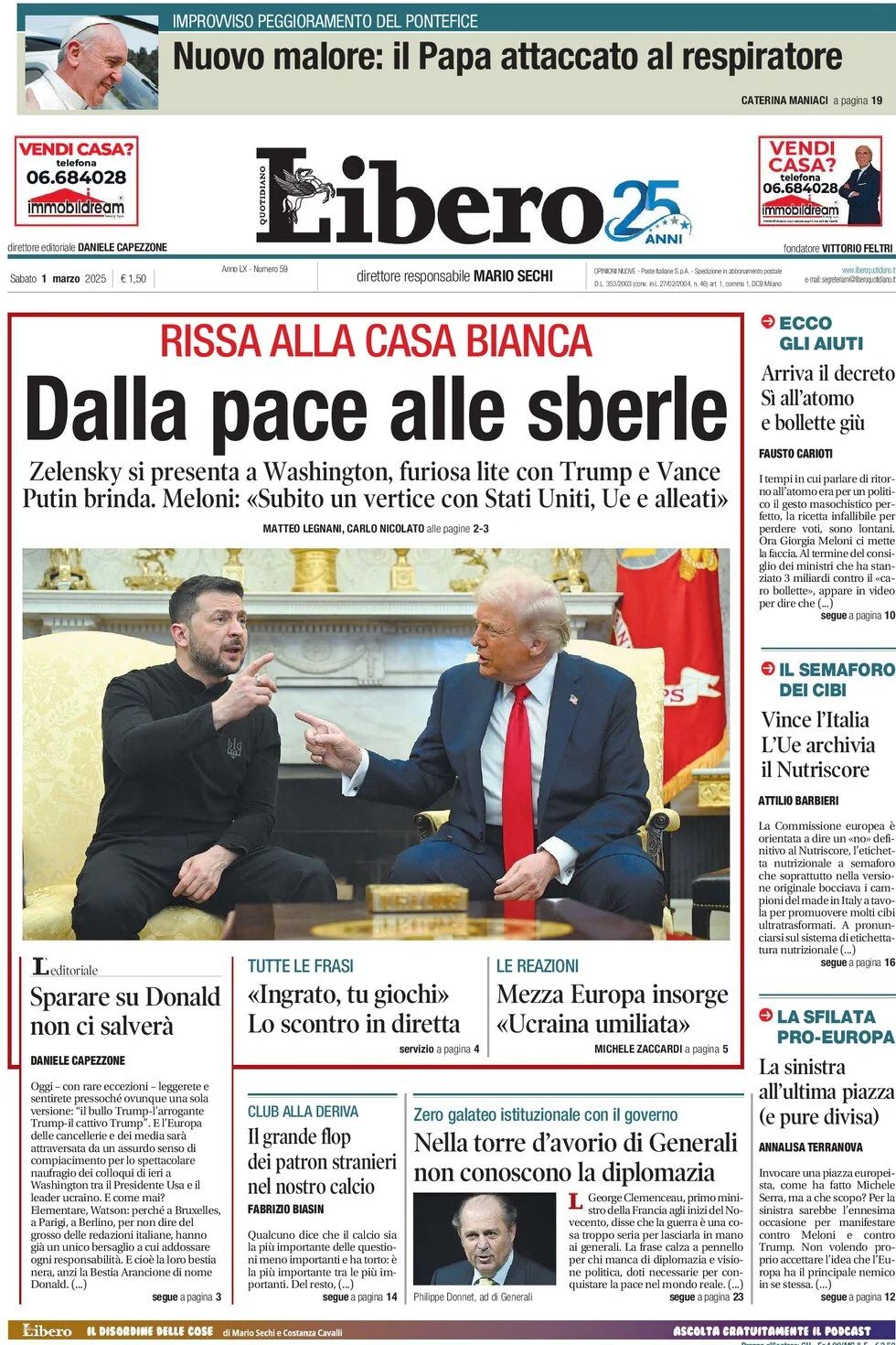 anteprima della prima pagina di libero-quotidiano del 01/03/2025