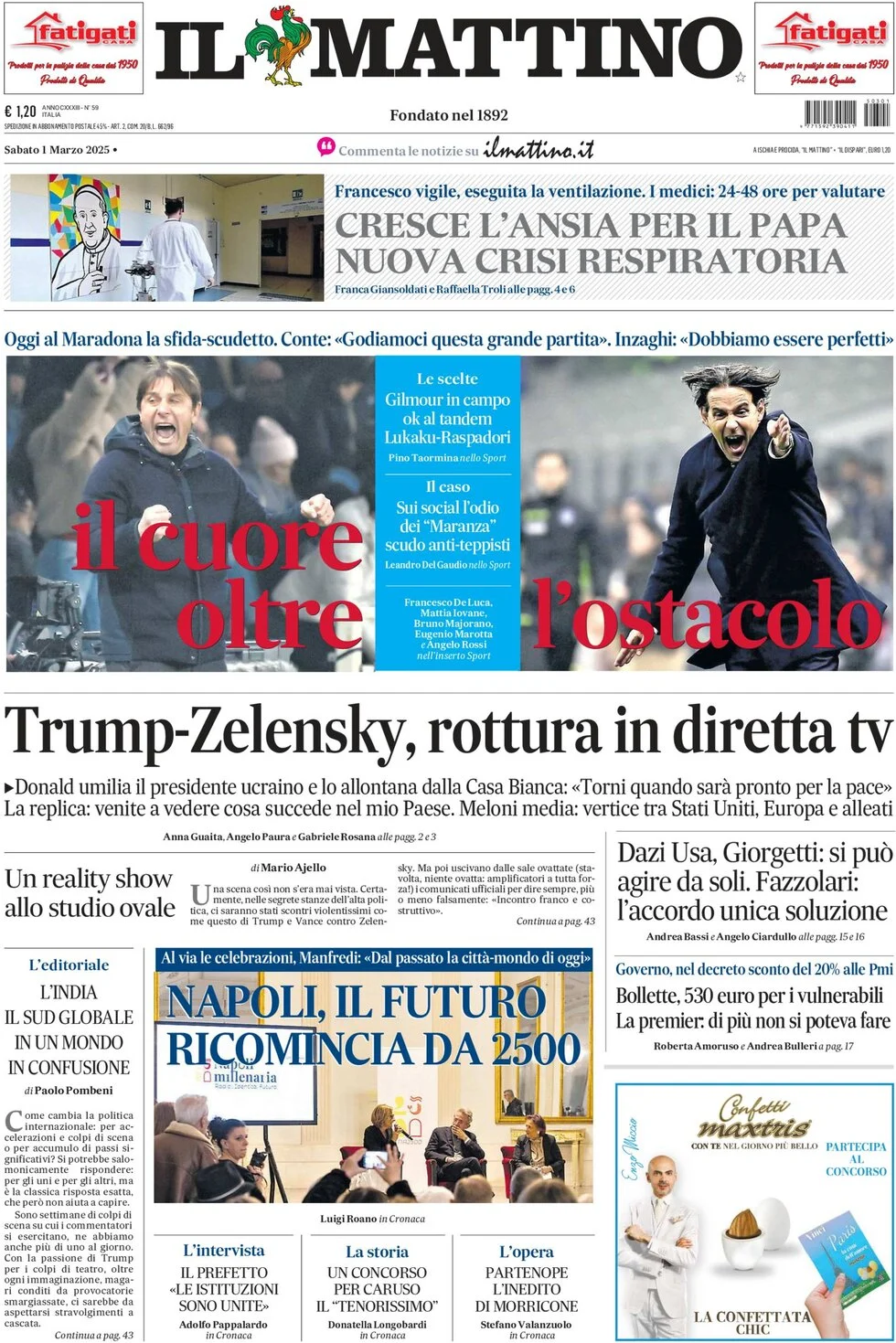 anteprima della prima pagina di il-mattino del 01/03/2025