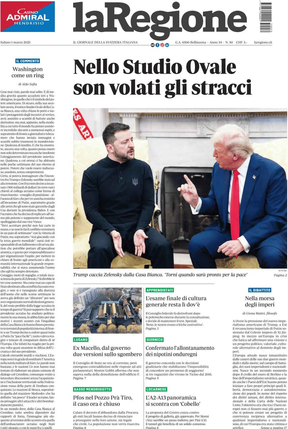 anteprima della prima pagina di la-regione del 01/03/2025