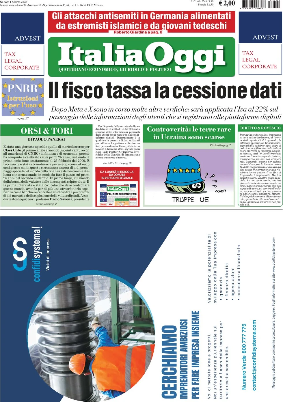 anteprima della prima pagina di italiaoggi del 01/03/2025