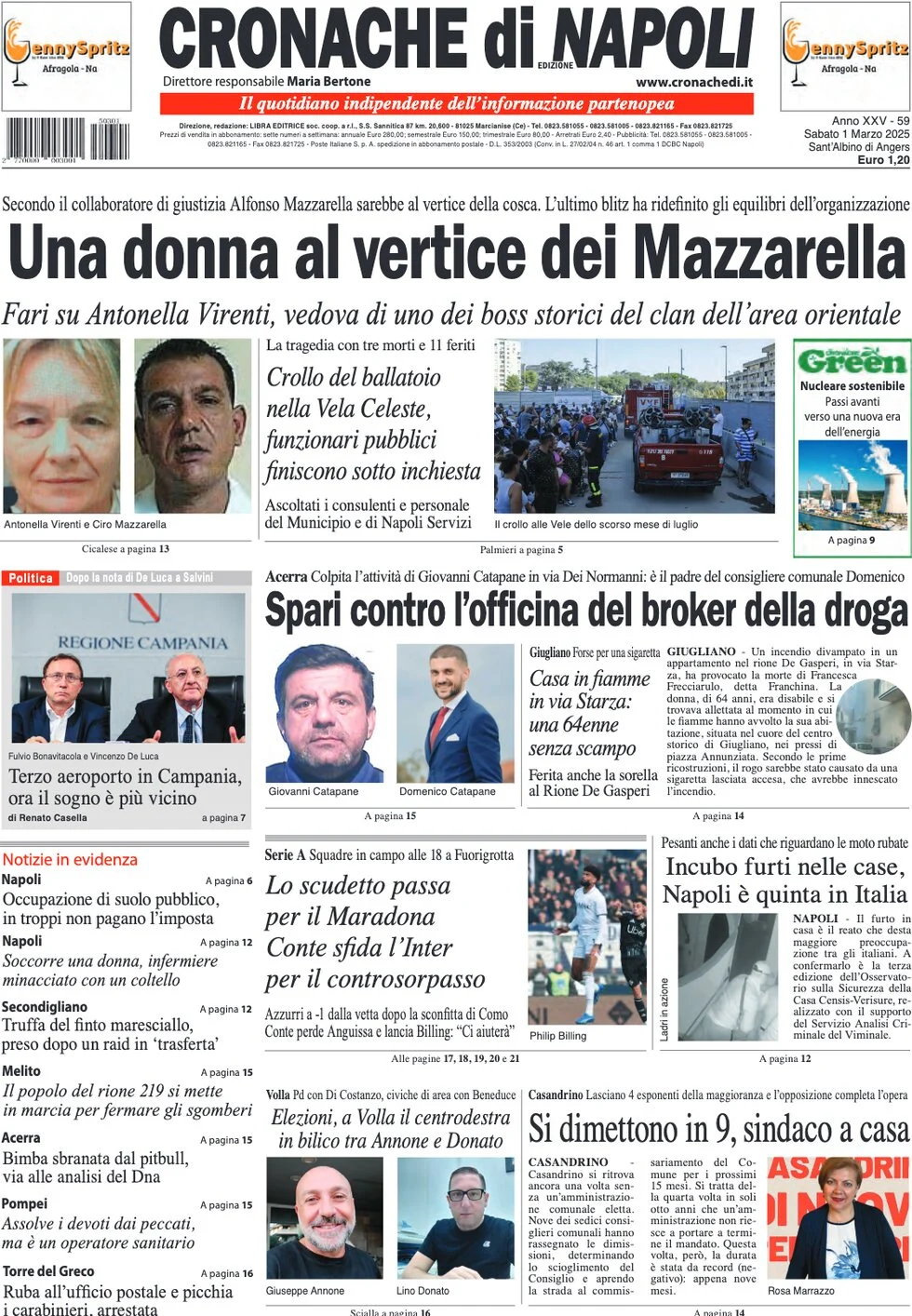 anteprima della prima pagina di cronache-di-napoli del 01/03/2025