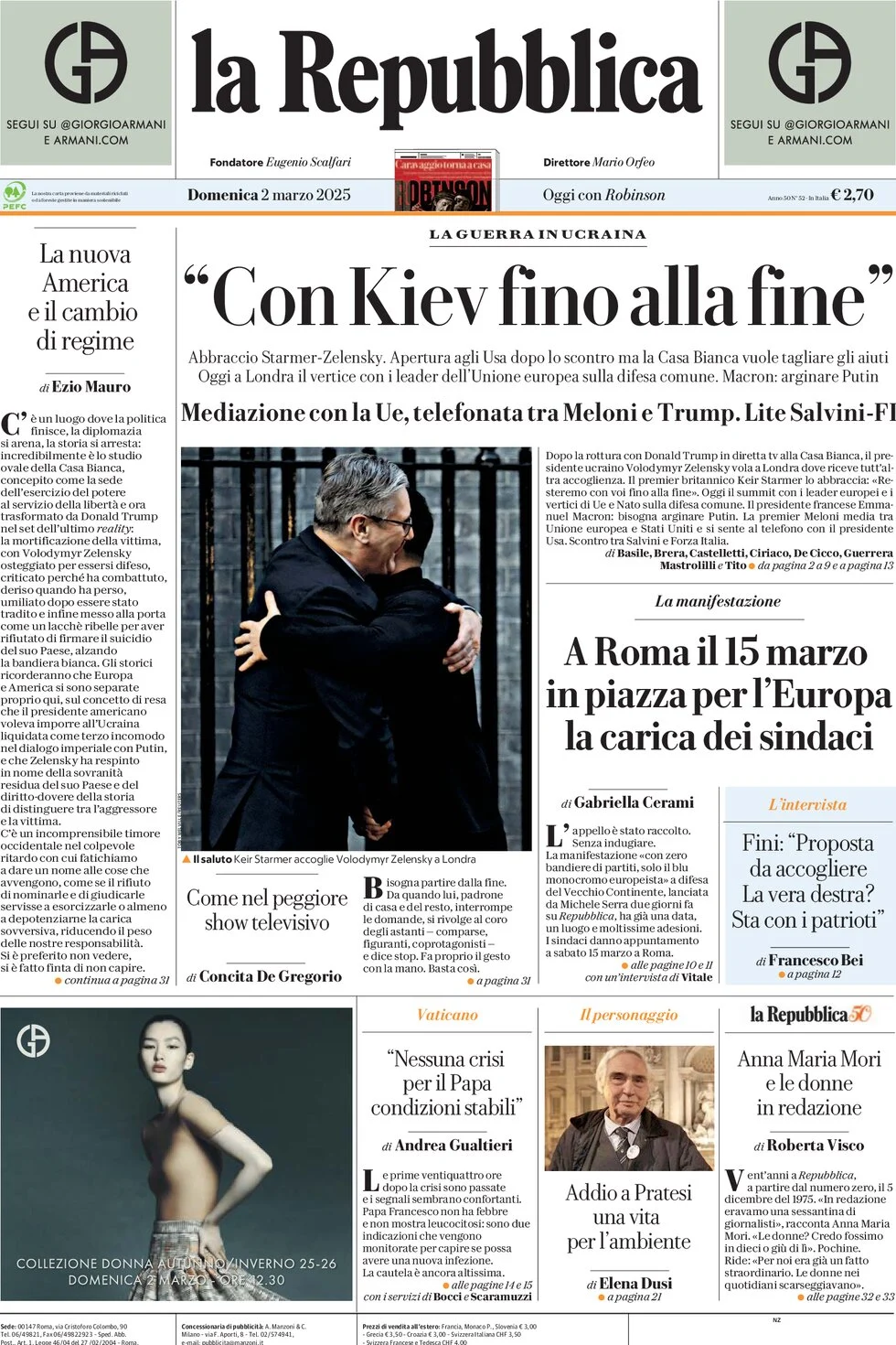 anteprima della prima pagina di la-repubblica del 02/03/2025