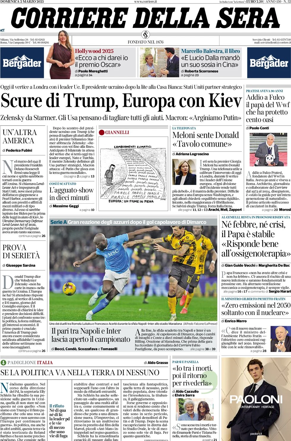 anteprima della prima pagina di corriere-della-sera del 02/03/2025
