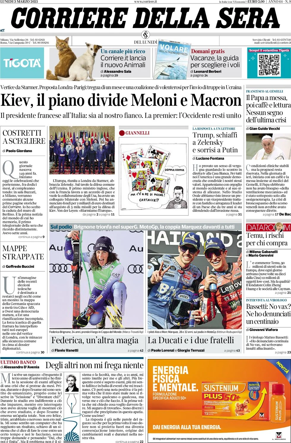 anteprima della prima pagina di corriere-della-sera del 03/03/2025