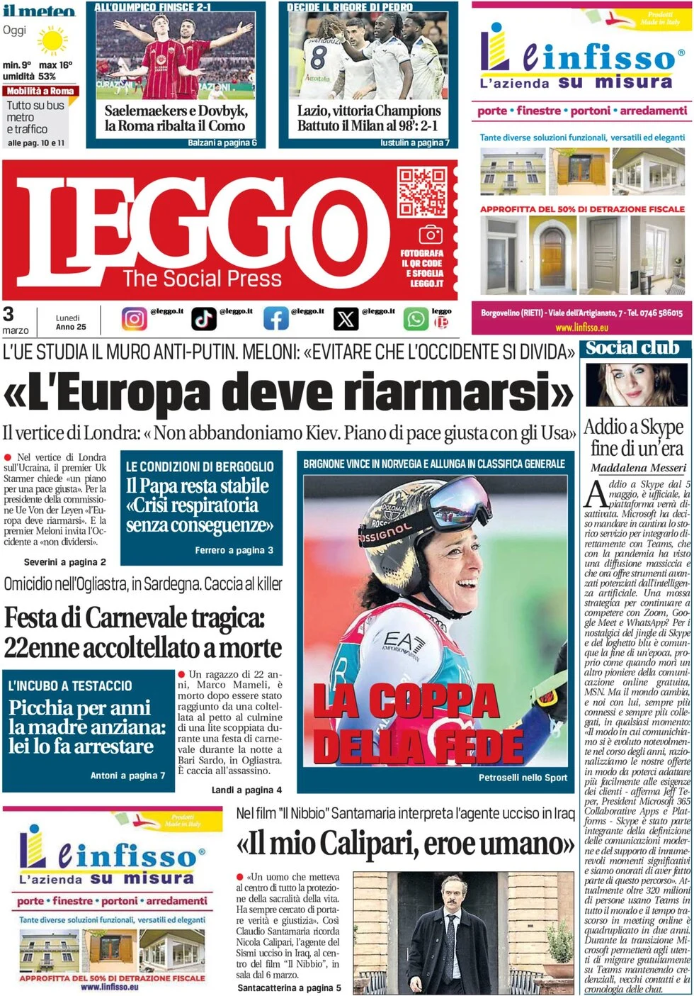 anteprima della prima pagina di leggo-roma del 03/03/2025