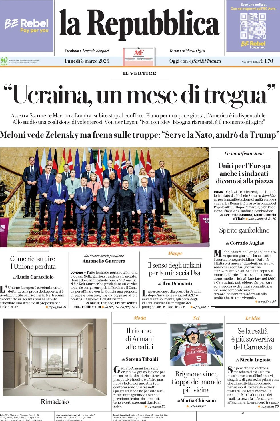 anteprima della prima pagina di la-repubblica del 03/03/2025