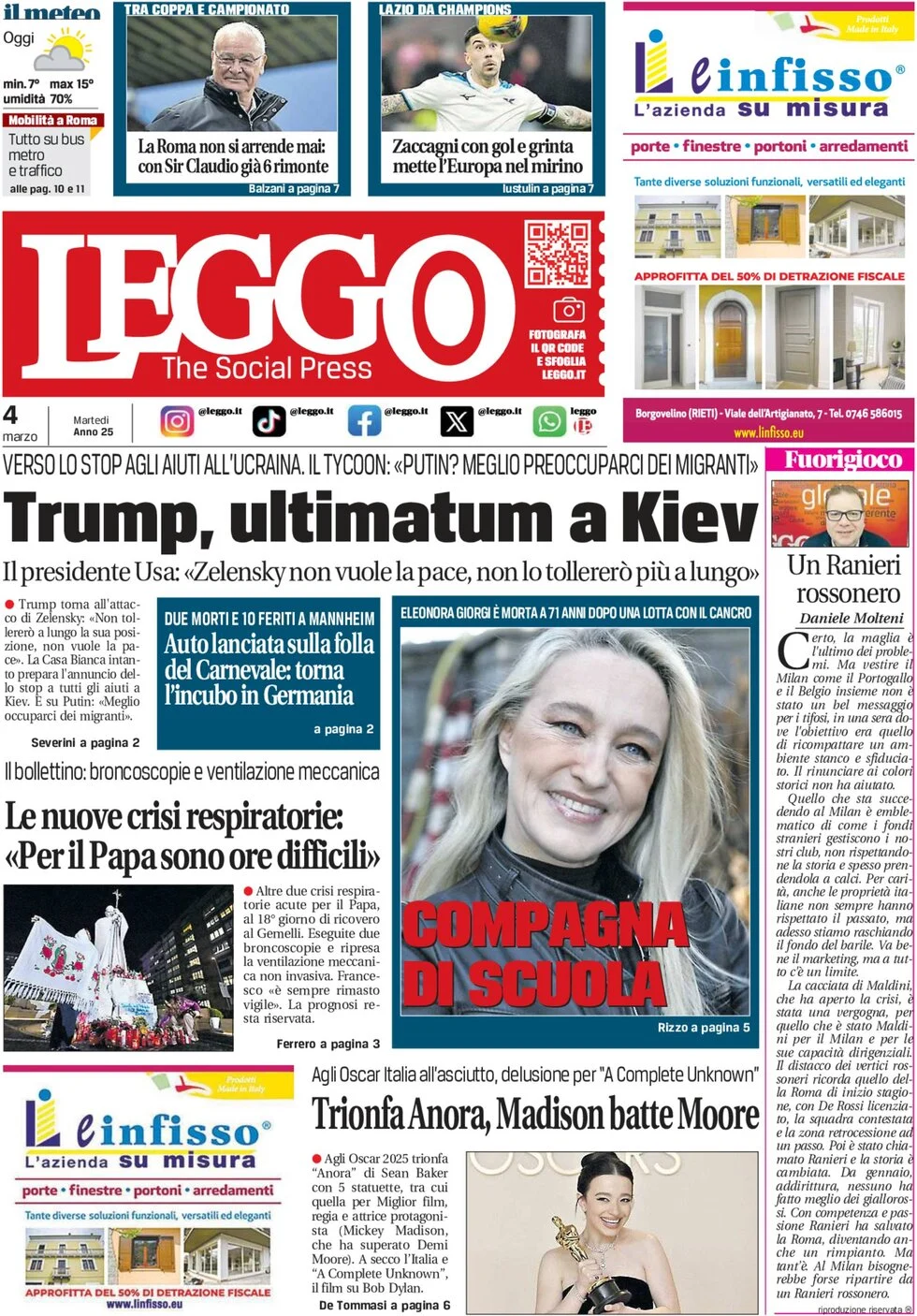 anteprima della prima pagina di leggo-roma del 04/03/2025