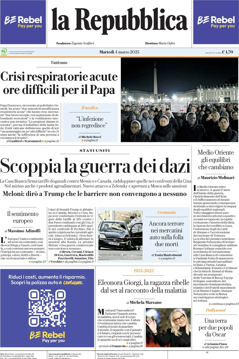 anteprima della prima pagina di la-repubblica del 04/03/2025