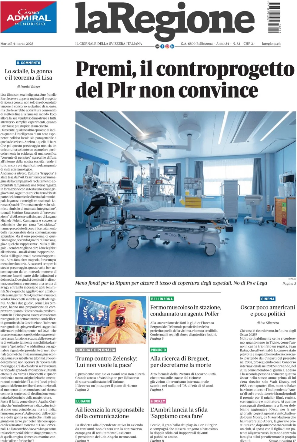 anteprima della prima pagina di la-regione del 04/03/2025