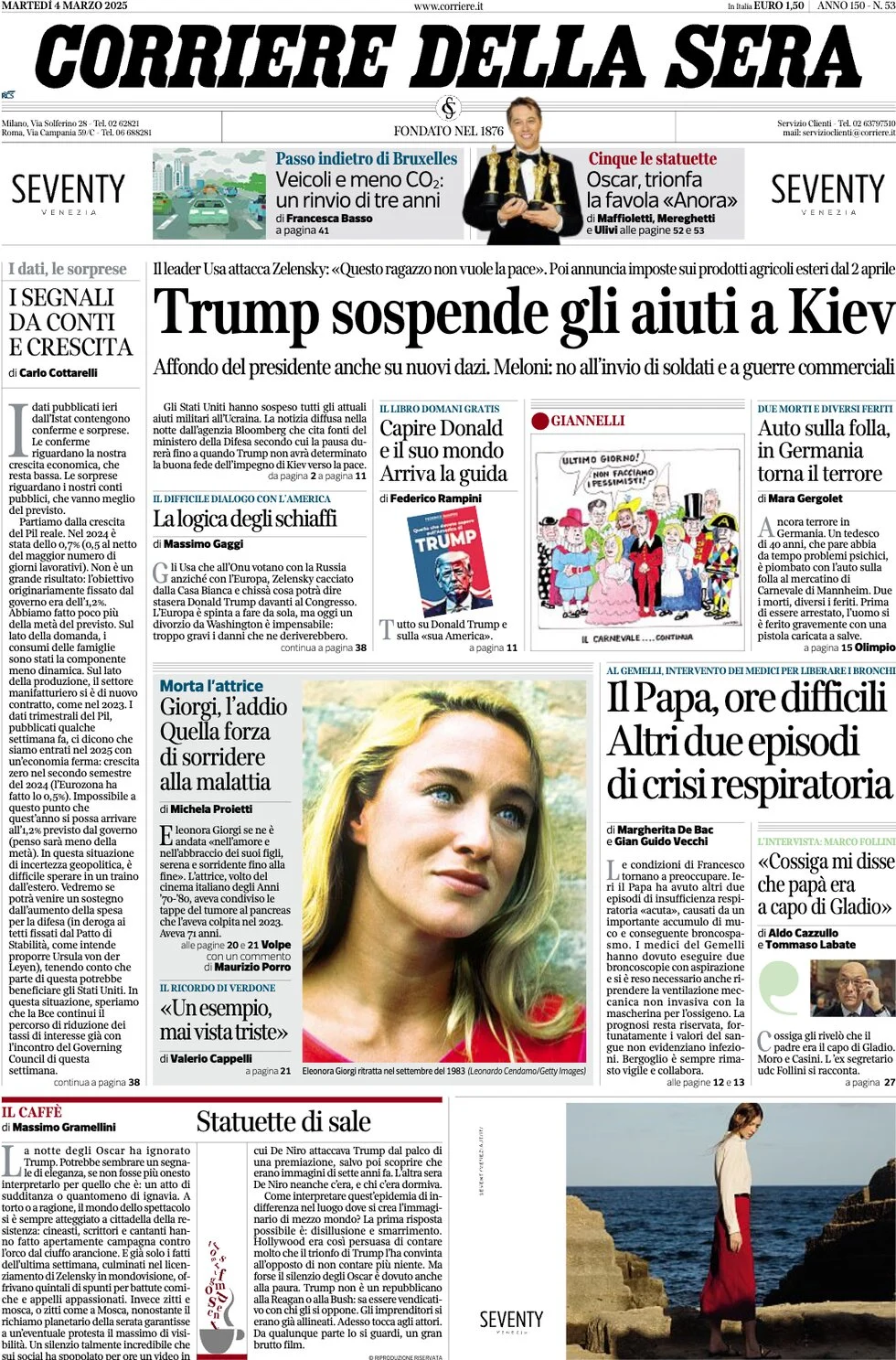 anteprima della prima pagina di corriere-della-sera del 04/03/2025