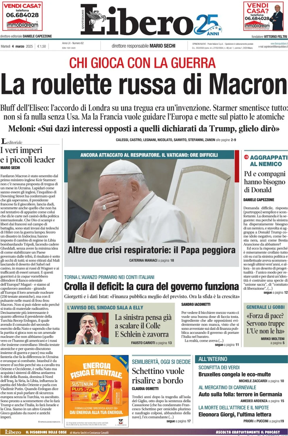 anteprima della prima pagina di libero-quotidiano del 04/03/2025