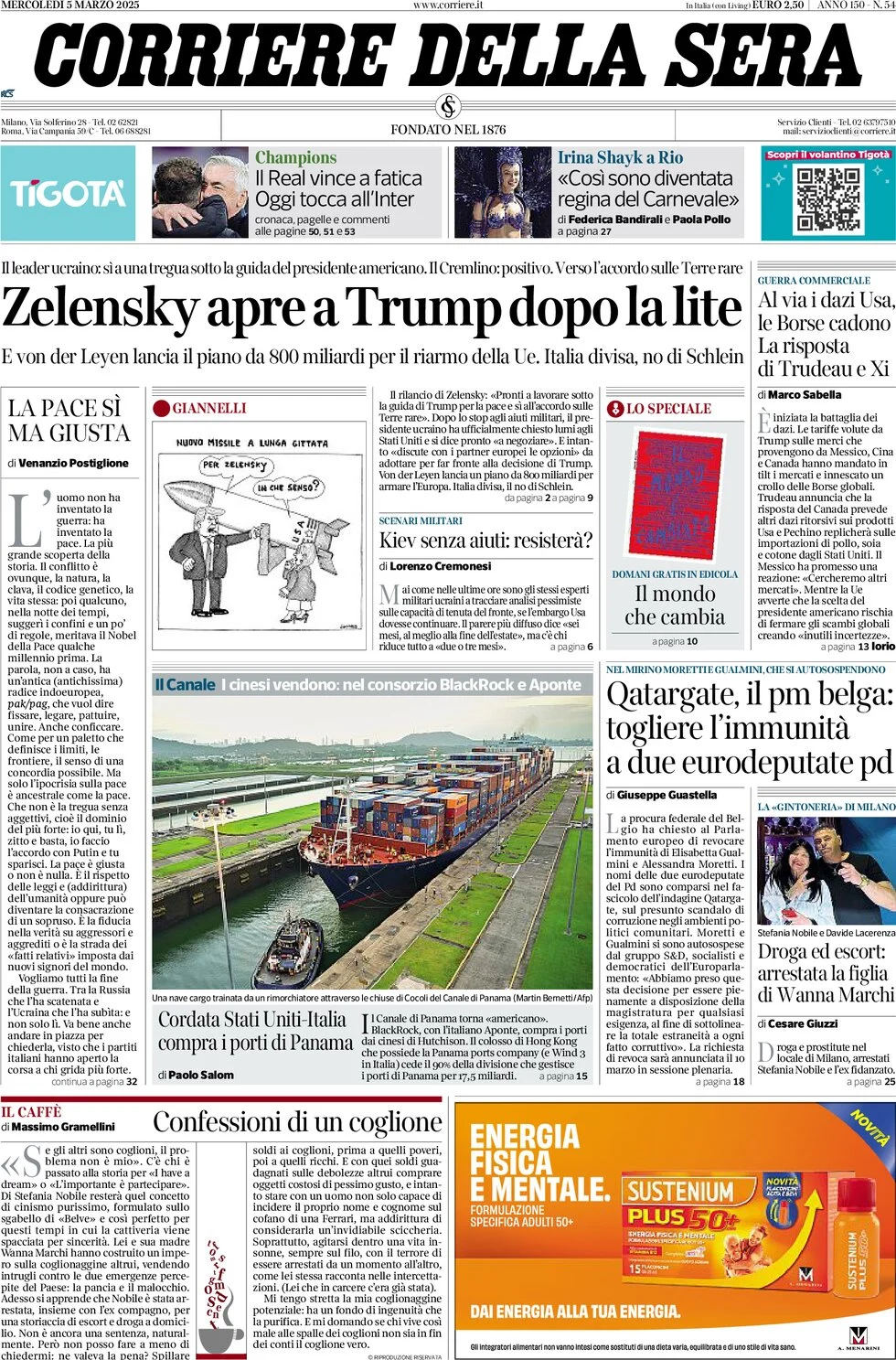 anteprima della prima pagina di corriere-della-sera del 05/03/2025