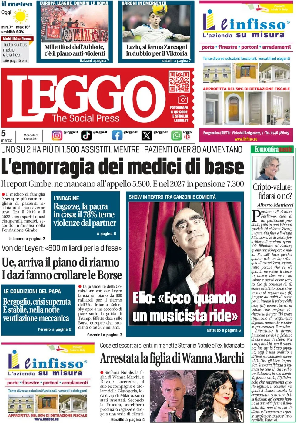 anteprima della prima pagina di leggo-roma del 05/03/2025