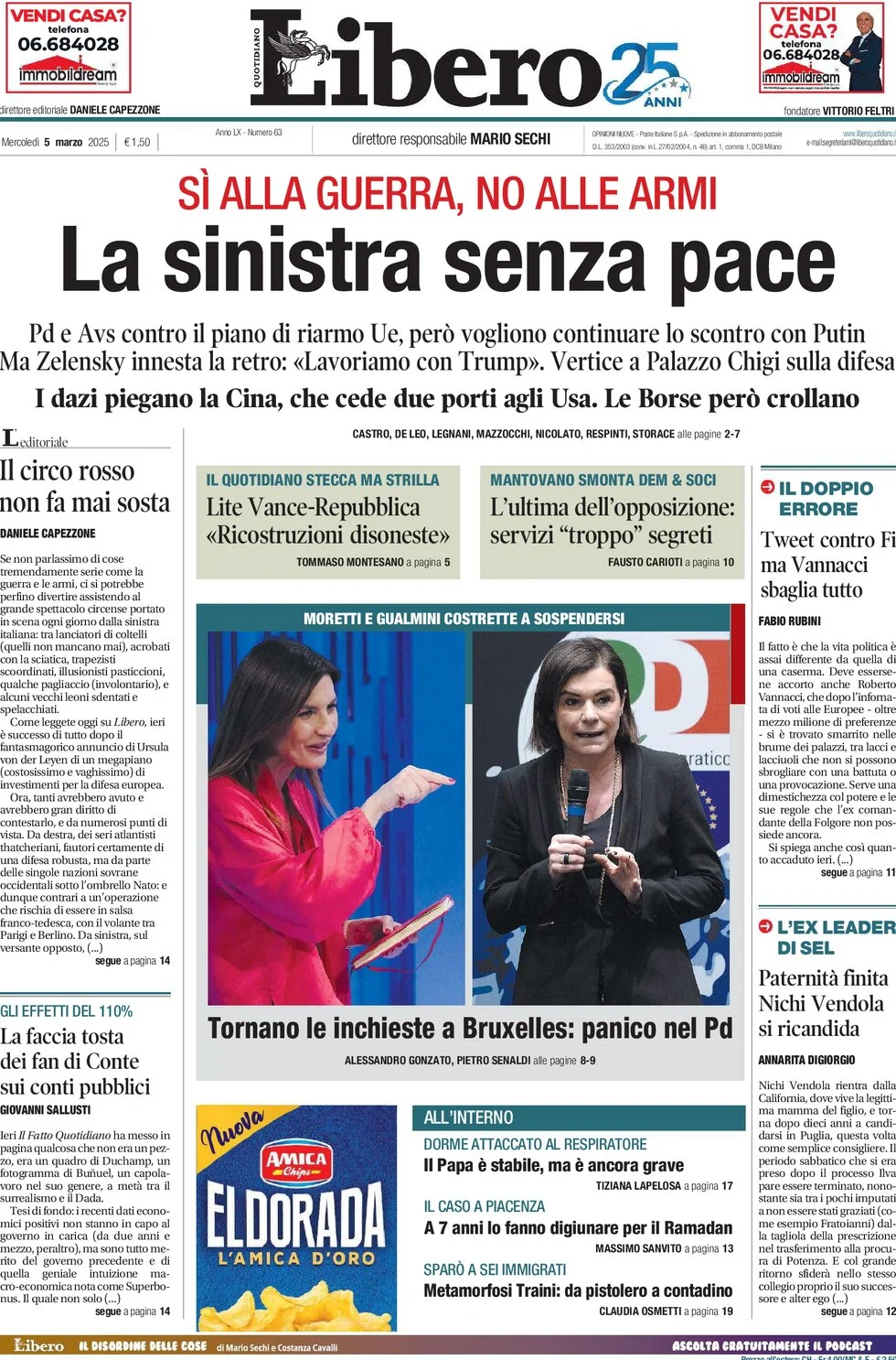 anteprima della prima pagina di libero-quotidiano del 05/03/2025