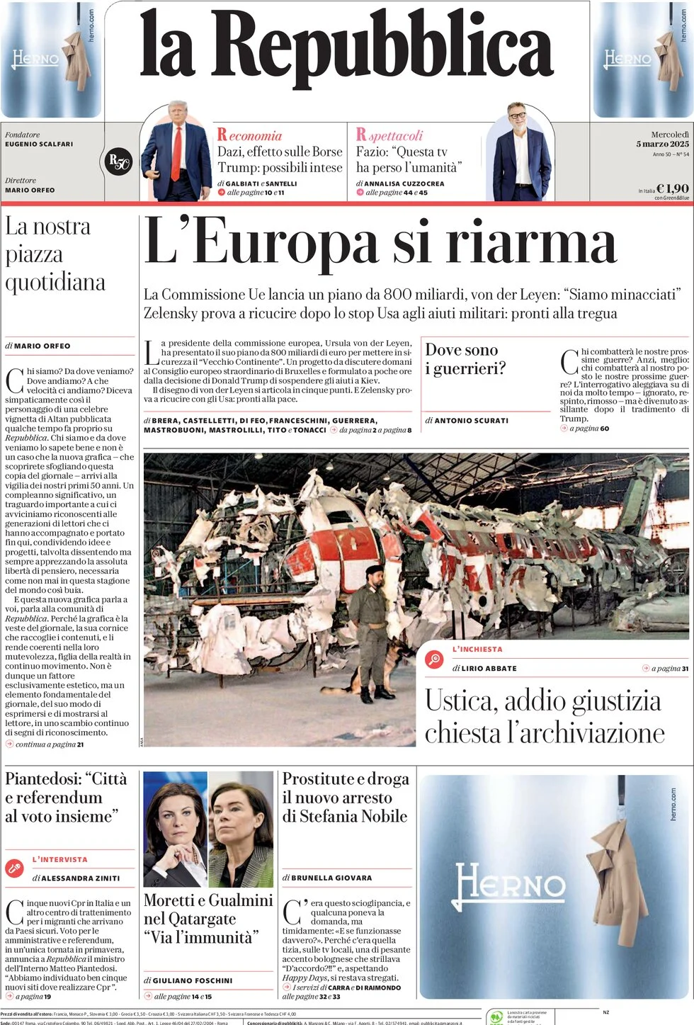anteprima della prima pagina di la-repubblica del 05/03/2025