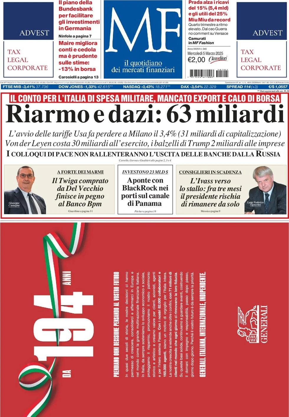 anteprima della prima pagina di mf-milano-finanza del 05/03/2025