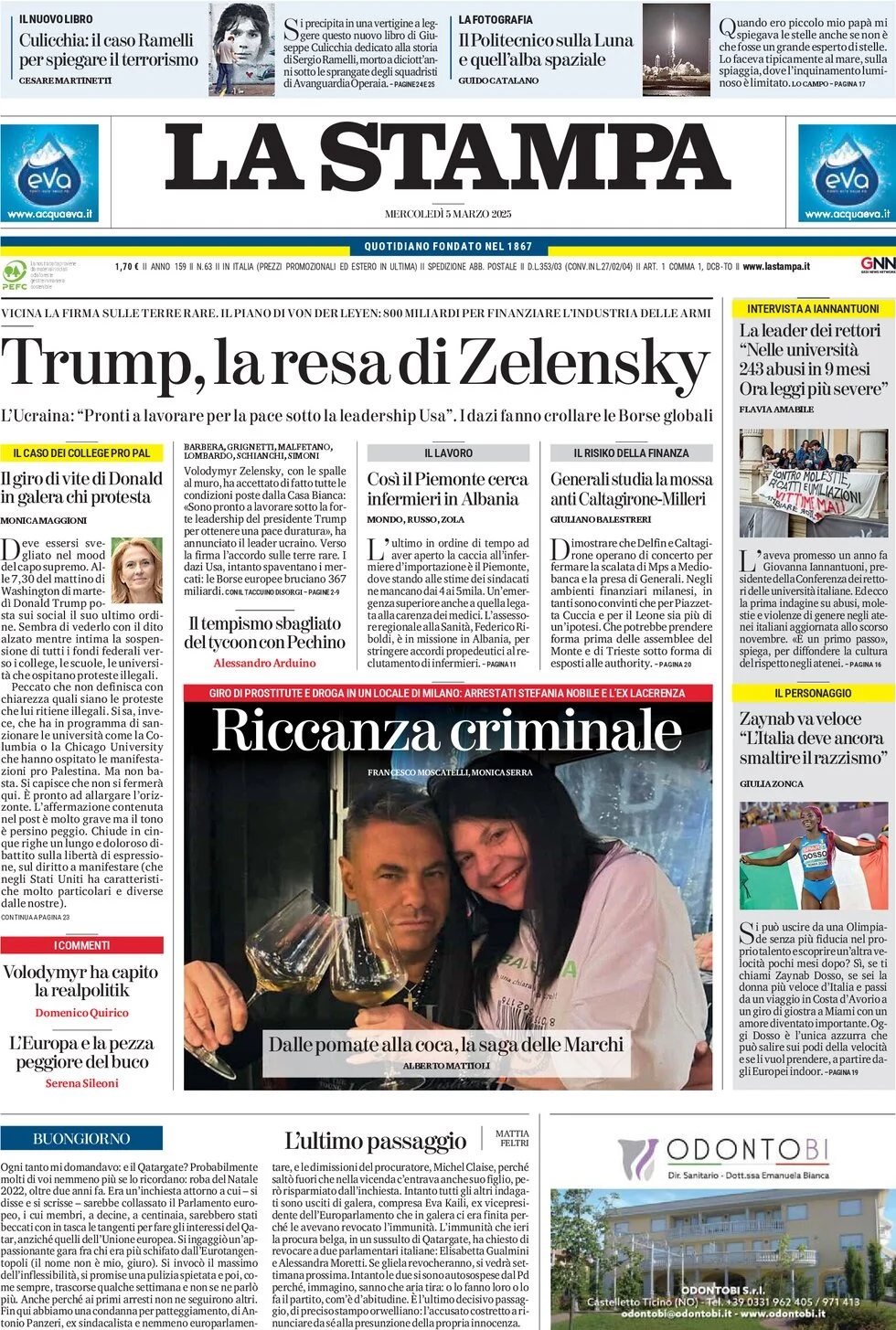 anteprima della prima pagina di la-stampa del 05/03/2025