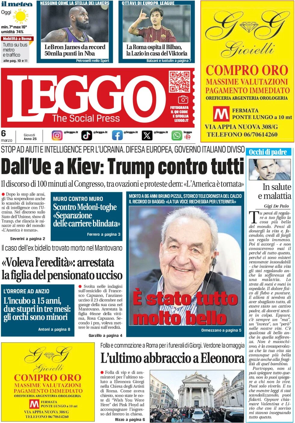 anteprima della prima pagina di leggo-roma del 06/03/2025