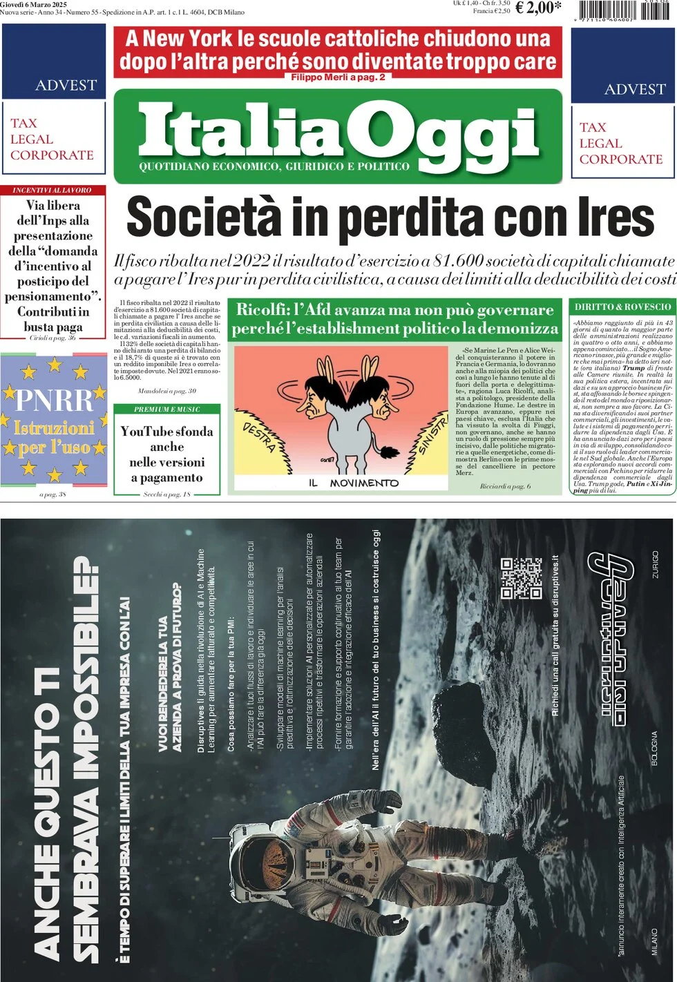 anteprima della prima pagina di italiaoggi del 06/03/2025