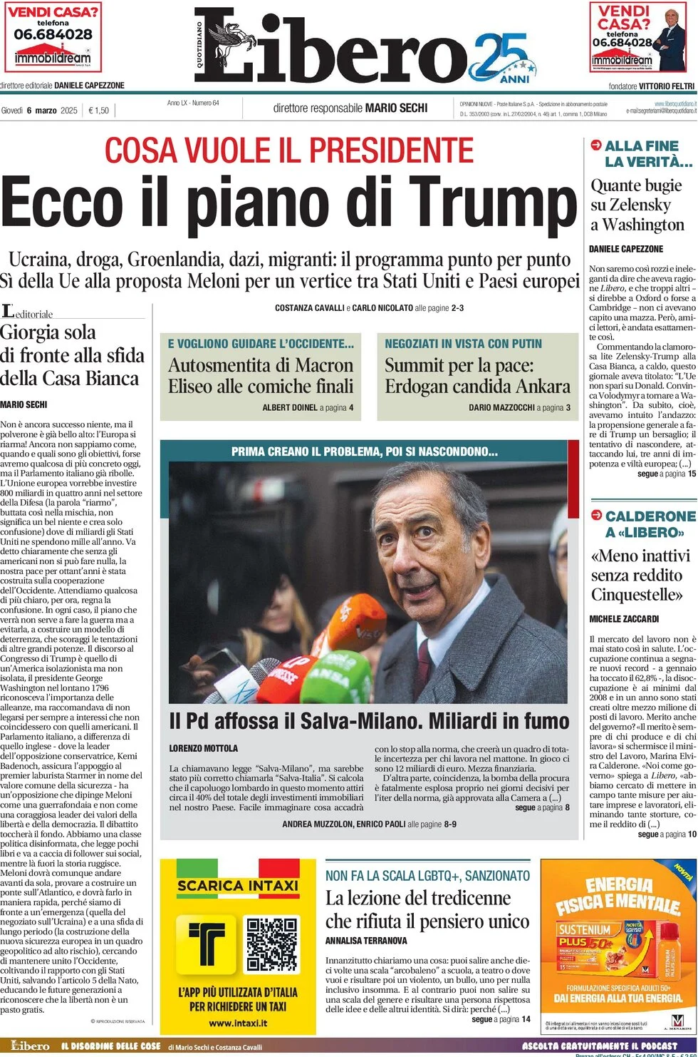 anteprima della prima pagina di libero-quotidiano del 06/03/2025