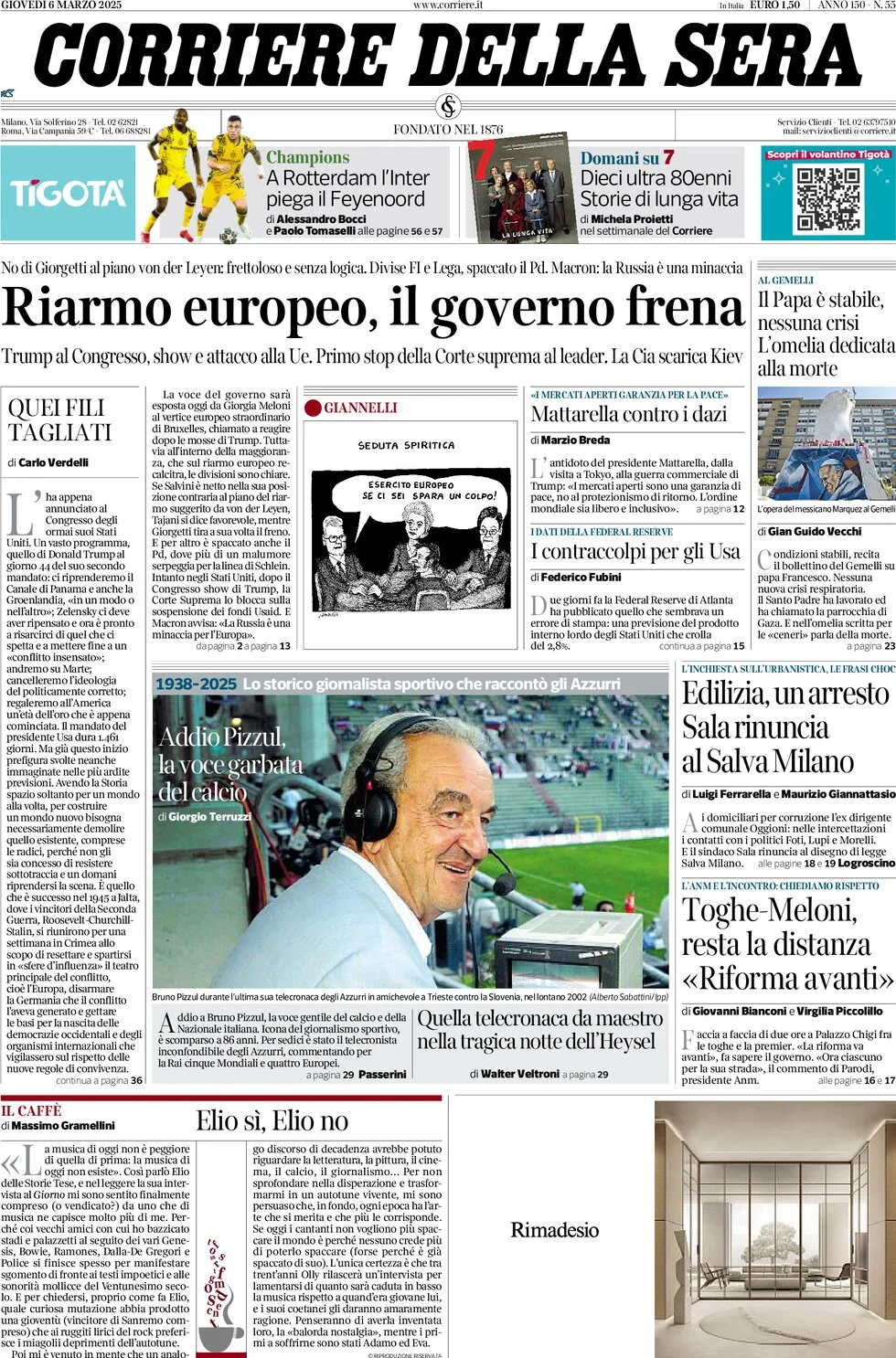 anteprima della prima pagina di corriere-della-sera del 06/03/2025