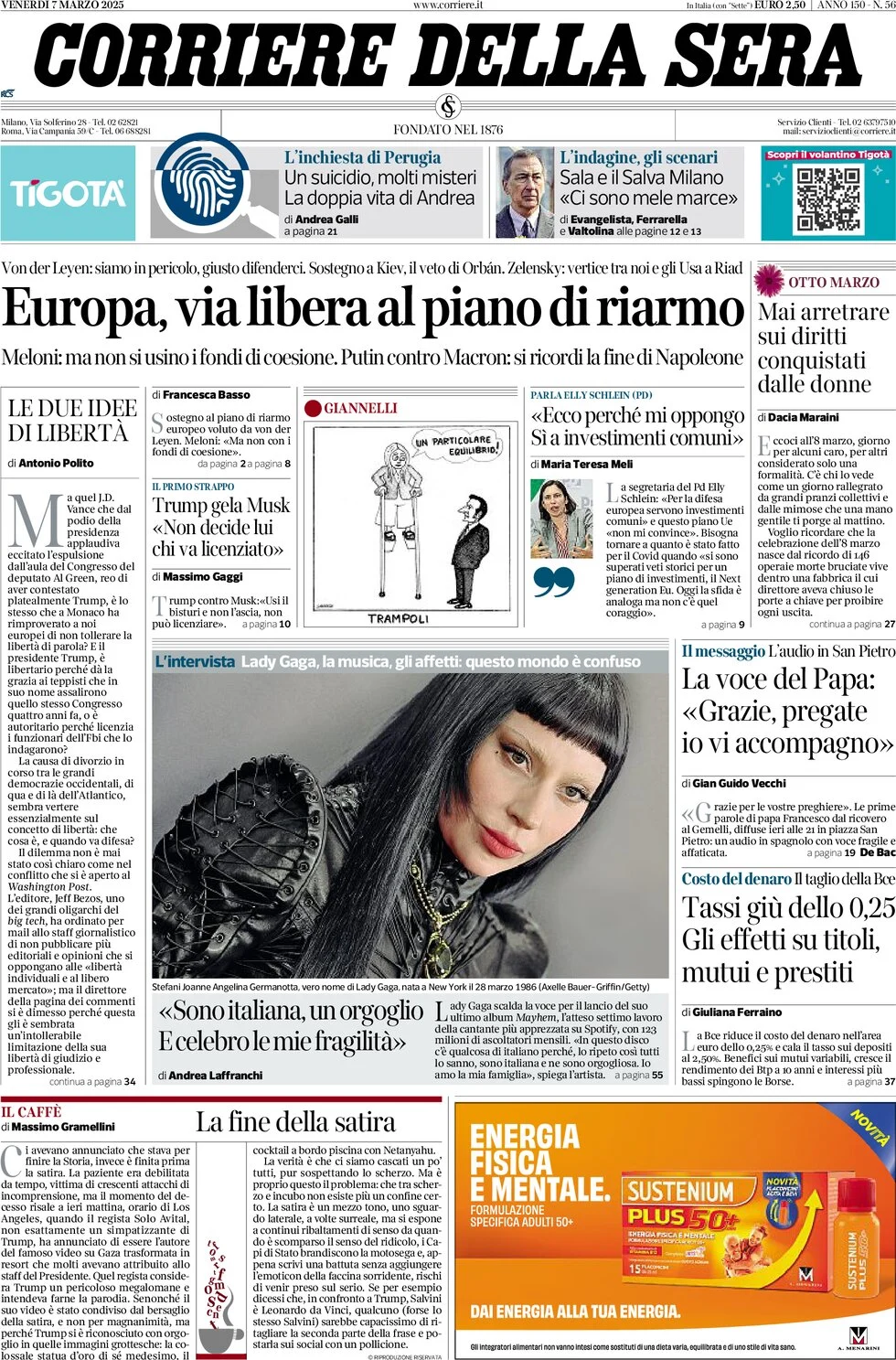 anteprima della prima pagina di corriere-della-sera del 07/03/2025