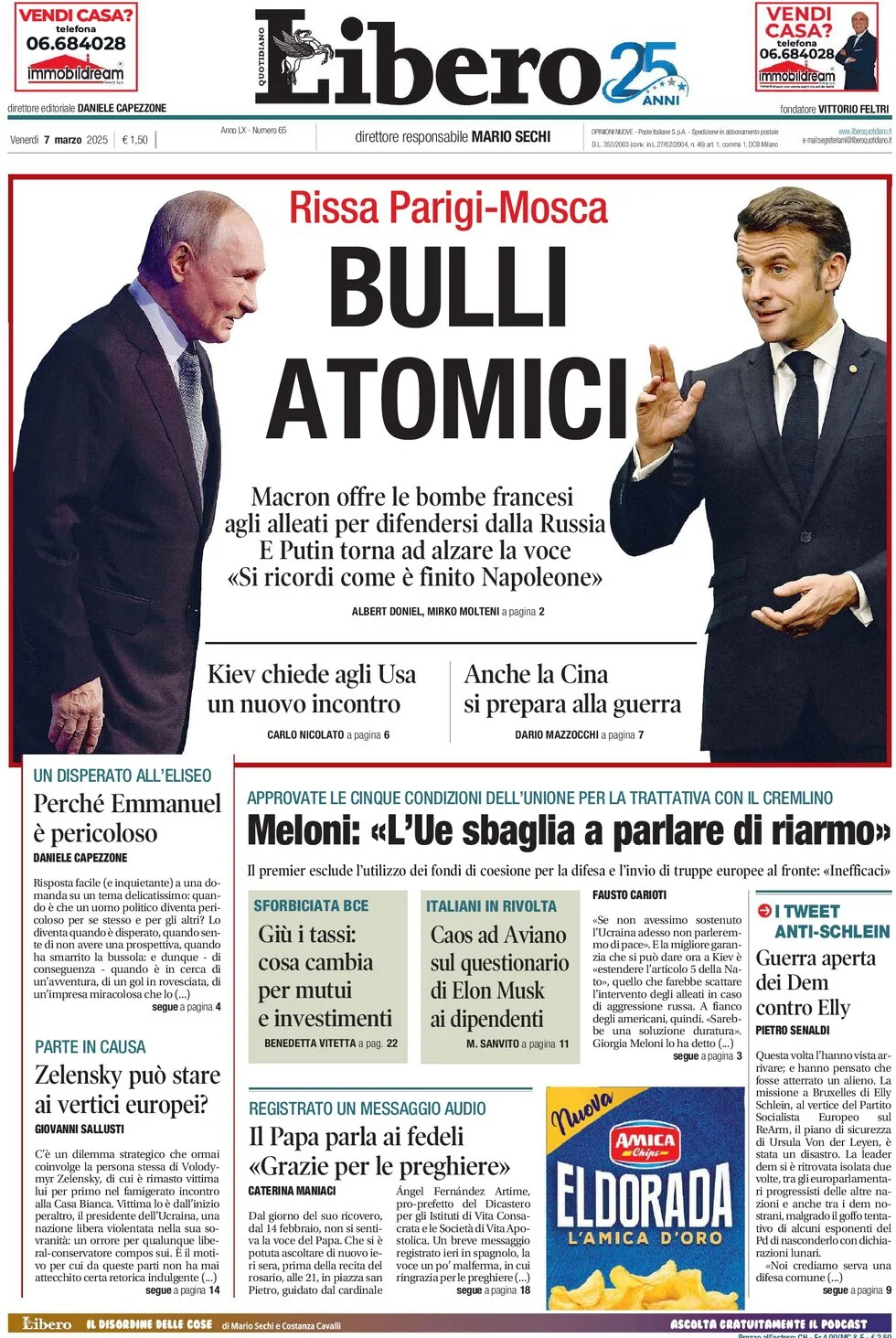 anteprima della prima pagina di libero-quotidiano del 07/03/2025