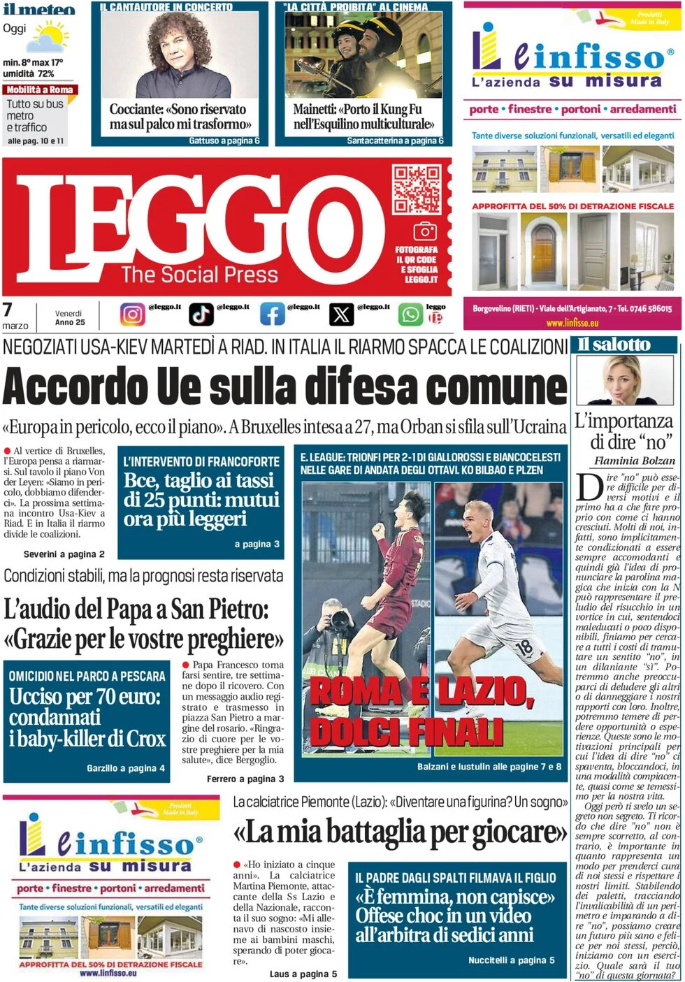 anteprima della prima pagina di leggo-roma del 07/03/2025
