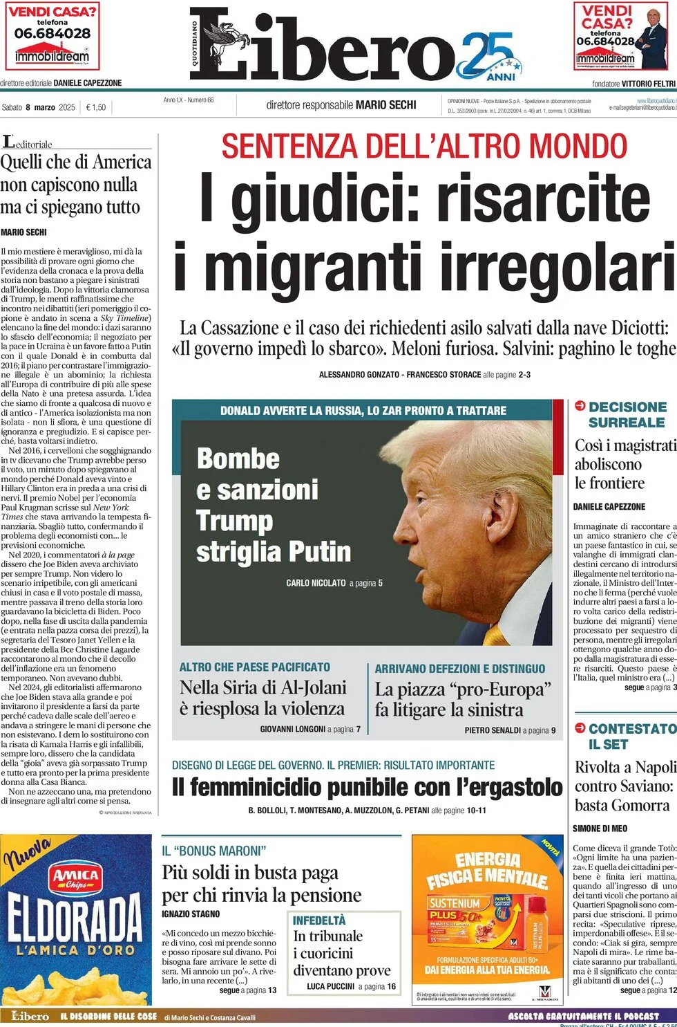 anteprima della prima pagina di libero-quotidiano del 08/03/2025