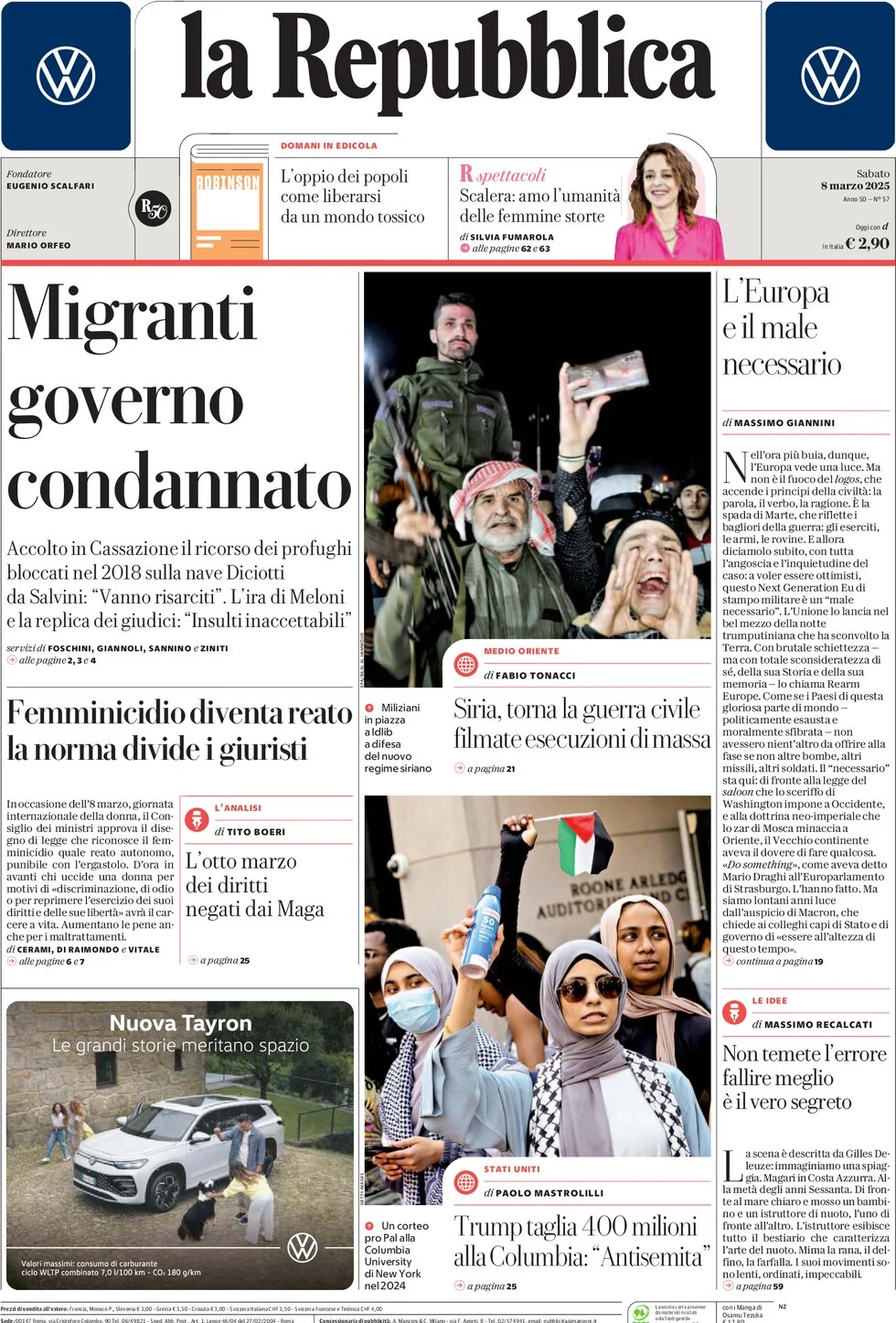 anteprima della prima pagina di la-repubblica del 08/03/2025