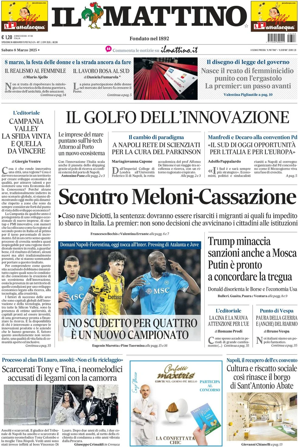 anteprima della prima pagina di il-mattino del 08/03/2025