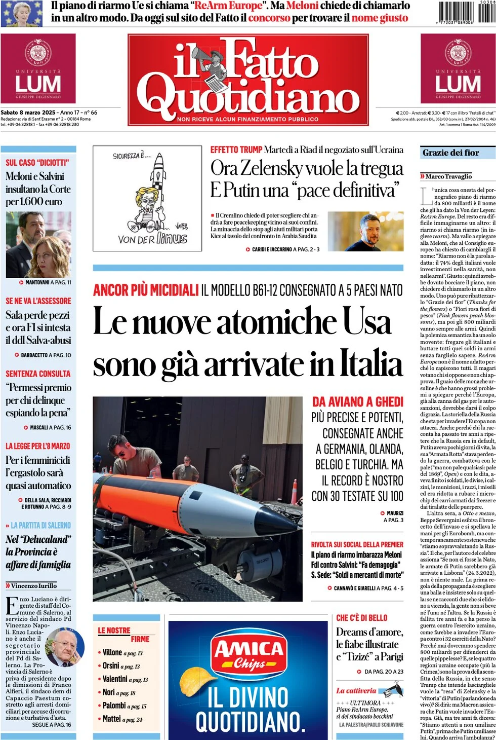anteprima della prima pagina di il-fatto-quotidiano del 08/03/2025