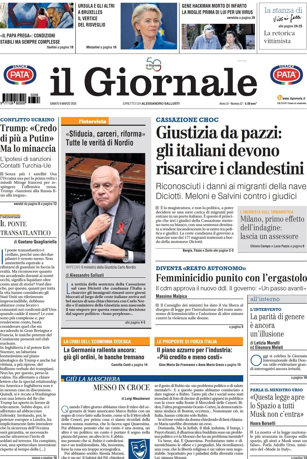 anteprima della prima pagina di il-giornale del 08/03/2025