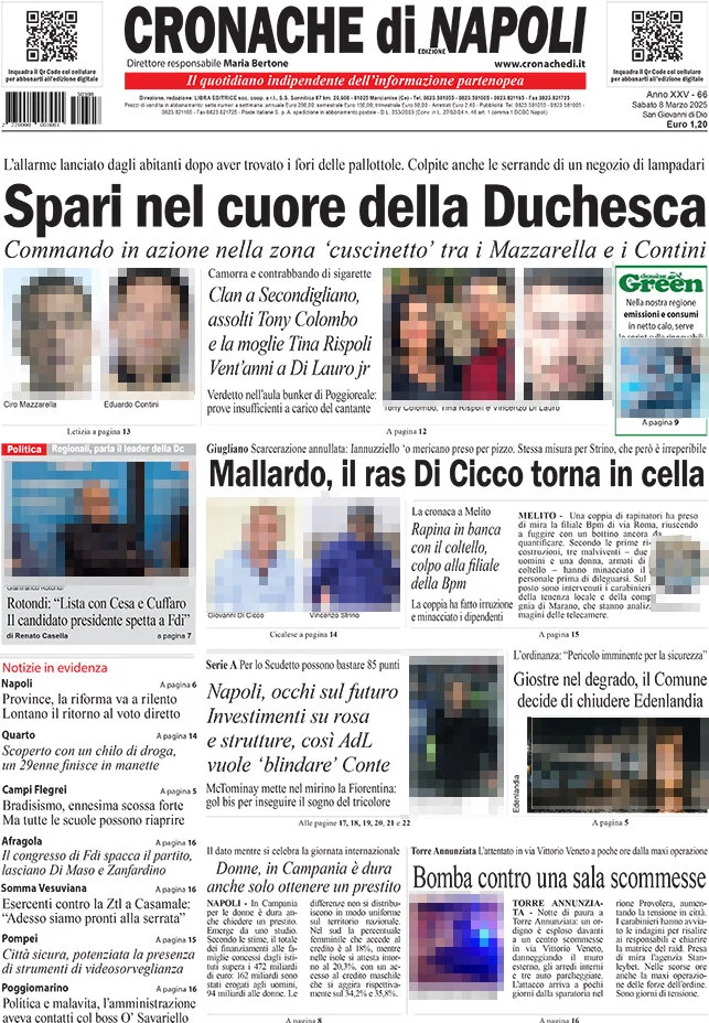 anteprima della prima pagina di cronache-di-napoli del 08/03/2025