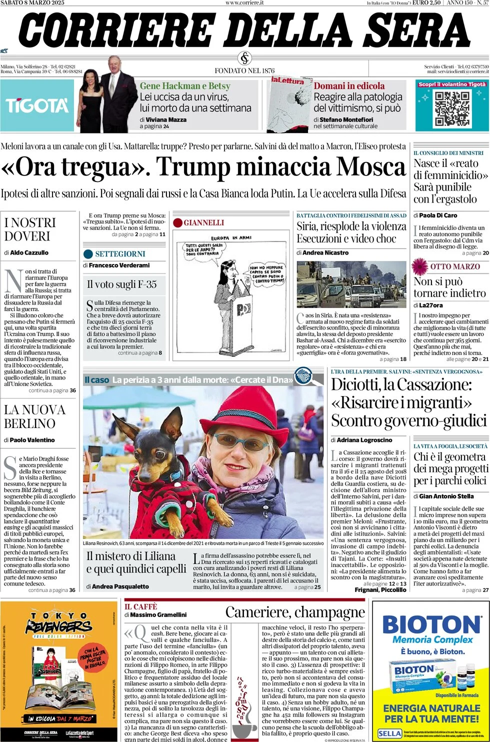 anteprima della prima pagina di corriere-della-sera del 08/03/2025