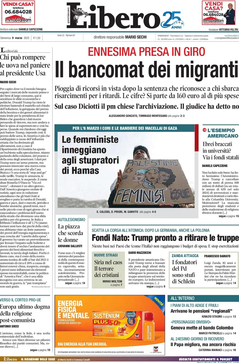 anteprima della prima pagina di libero-quotidiano del 09/03/2025