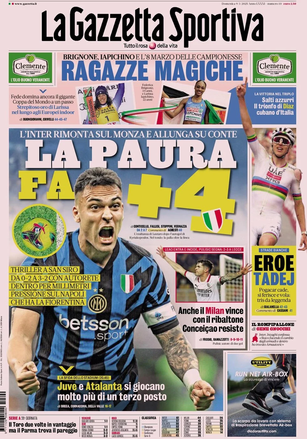anteprima della prima pagina di la-gazzetta-dello-sport del 09/03/2025
