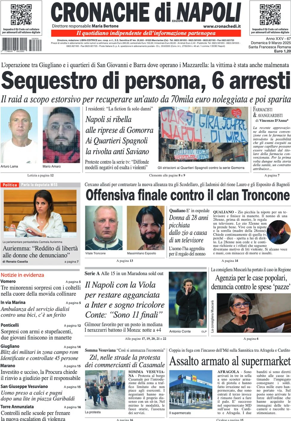 anteprima della prima pagina di cronache-di-napoli del 09/03/2025
