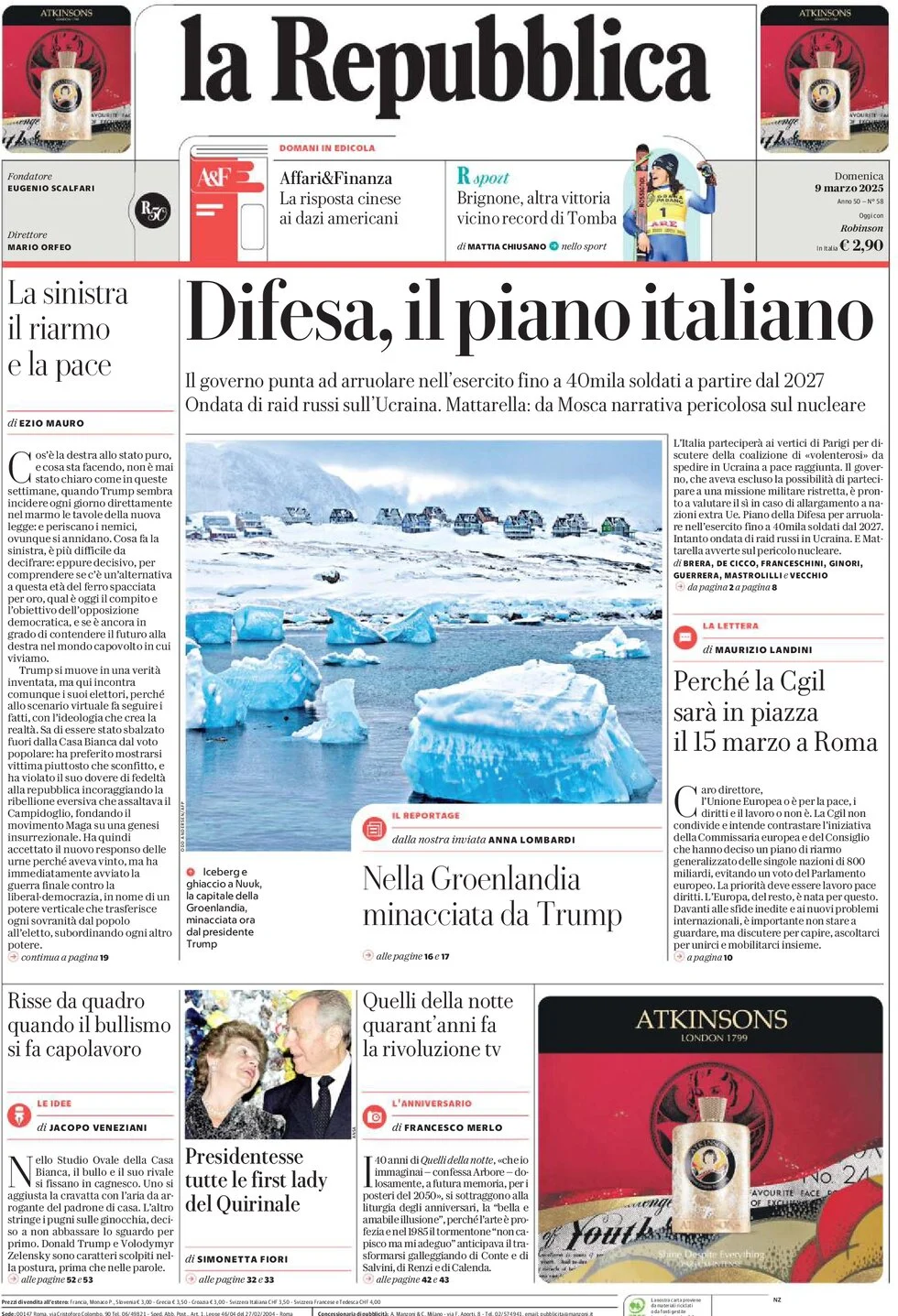 anteprima della prima pagina di la-repubblica del 09/03/2025