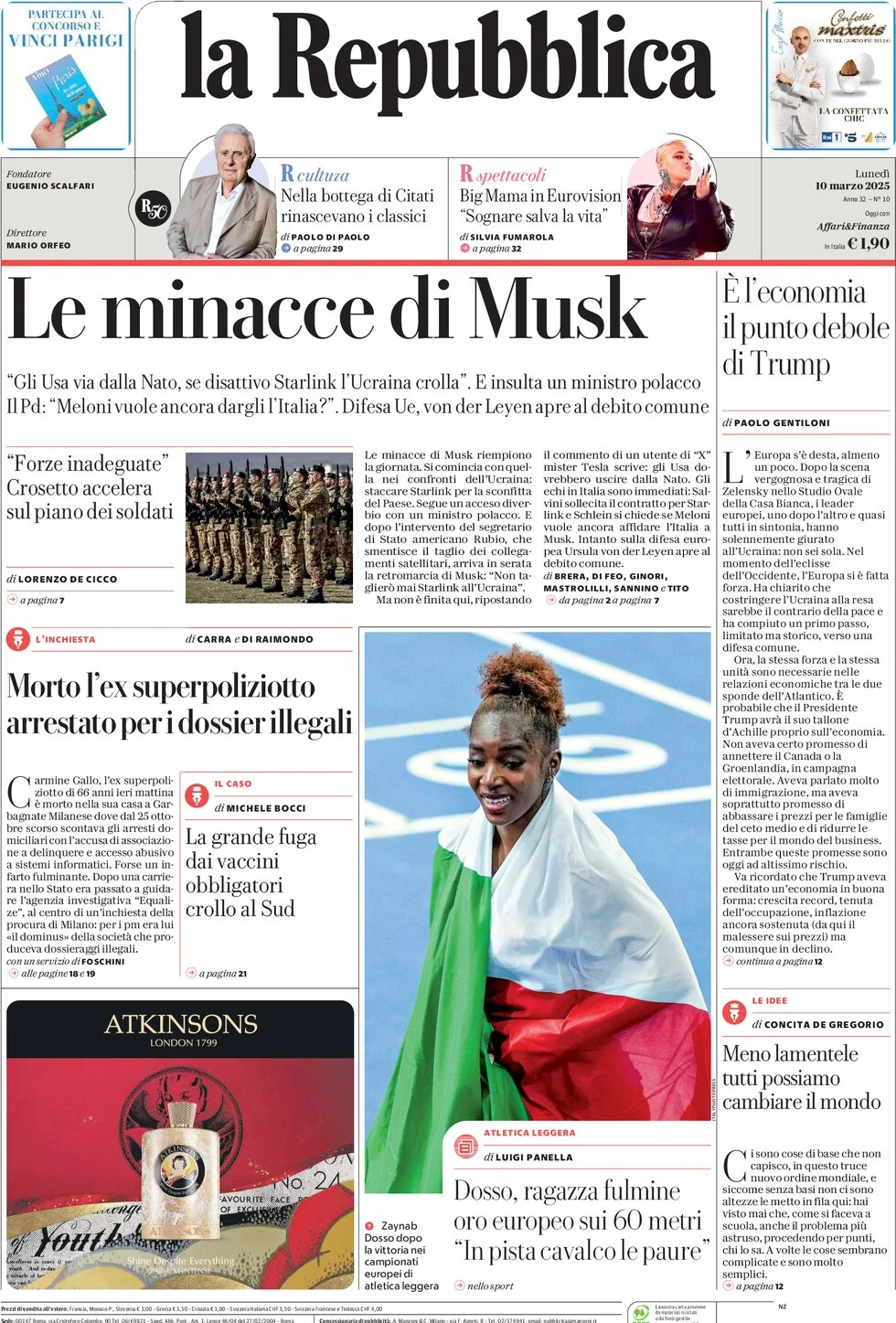 anteprima della prima pagina di la-repubblica del 10/03/2025