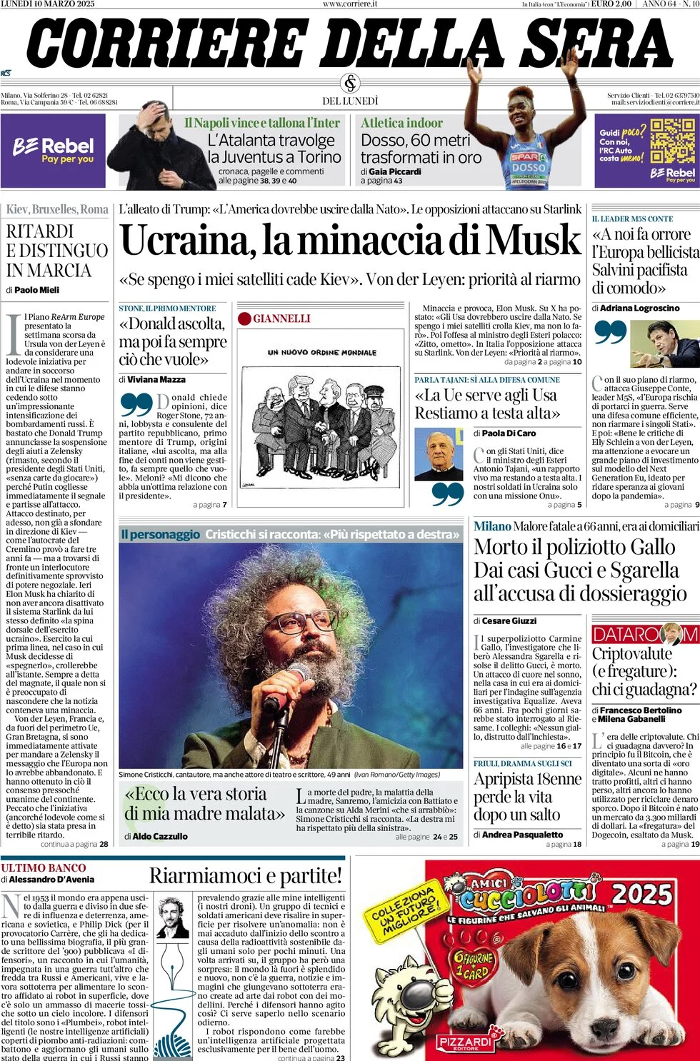 anteprima della prima pagina di corriere-della-sera del 10/03/2025