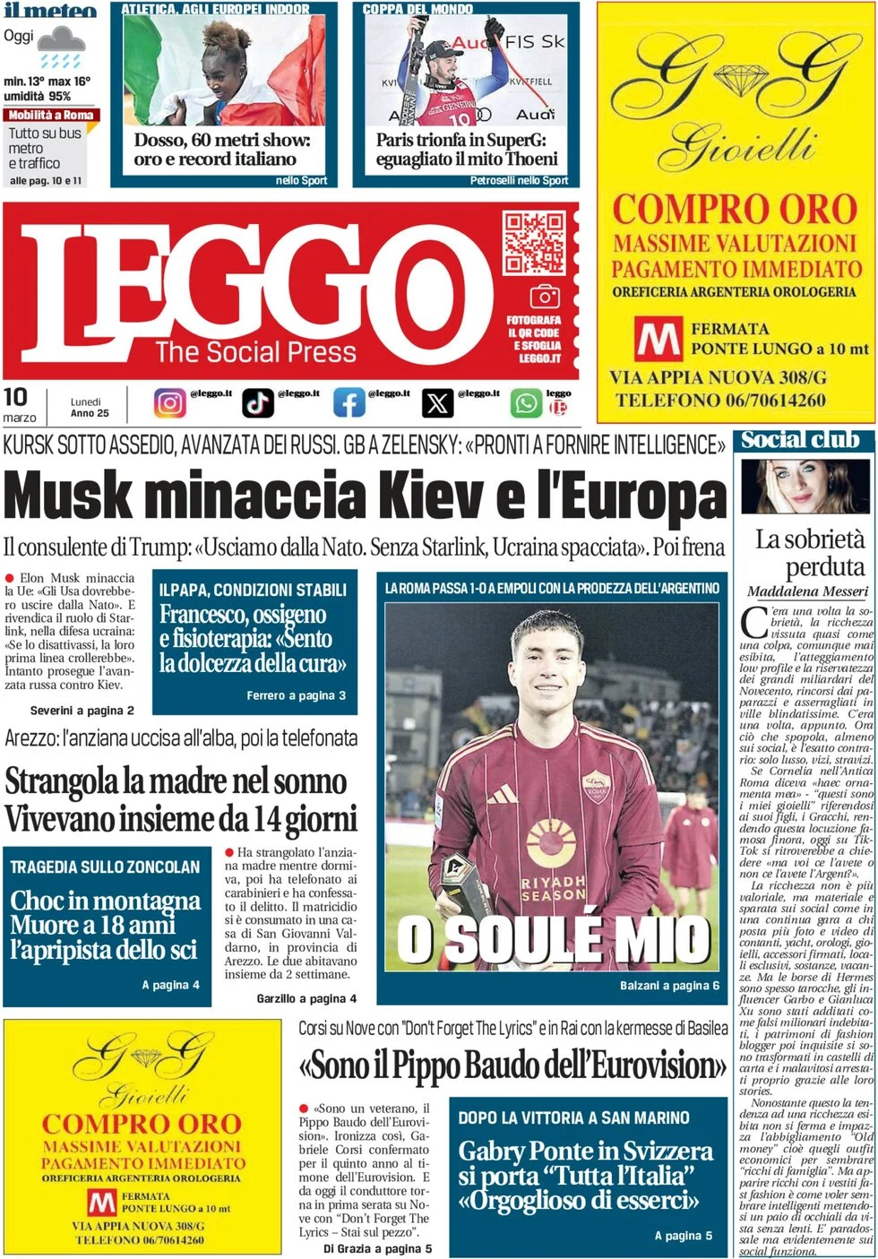 anteprima della prima pagina di leggo-roma del 10/03/2025
